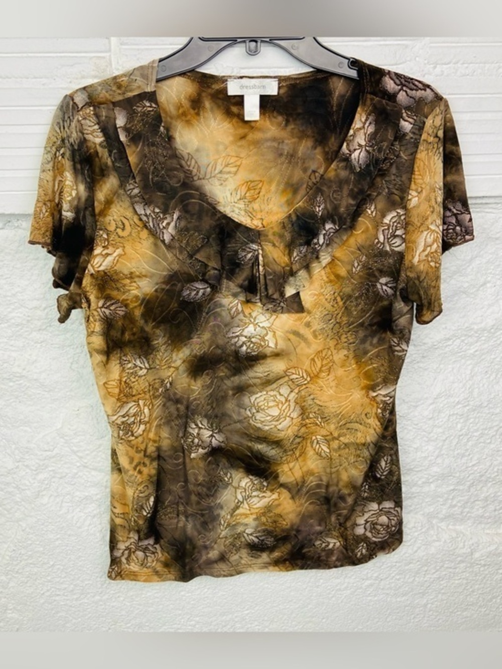 dressbarn Women's tie dye Brown textured Floral V-Neck Short Sleeve Top medium